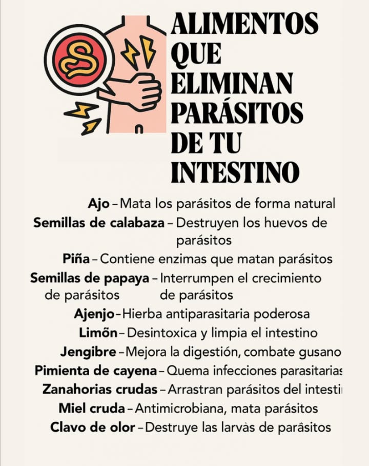 Alimentos que ayudan a eliminar parásitos del intestino 龍 Ajo Elimina parásitos de forma natural. Semillas de calabaza Destruyen los huevos de parásitos. Piña Contiene enzimas que combaten parásitos. Semillas de papaya Interfieren en el crecimiento de los parásitos. Ajenjo Hierba poderosa contra parásitos. Limón Desintoxica y limpia el intestino. Jengibre Mejora la digestión y combate gusanos. Pimienta de cayena Combate las infecciones parasitarias. 凌 Zanahorias crudas Arrastran parásitos desde los intestinos. Miel cruda Antimicrobiana, ayuda a eliminar parásitos. Clavos de olor Destruyen las larvas de parásitos. Incluye estos alimentos en tu alimentación diaria para ayudar a mantener tu sistema digestivo saludable y limpio.