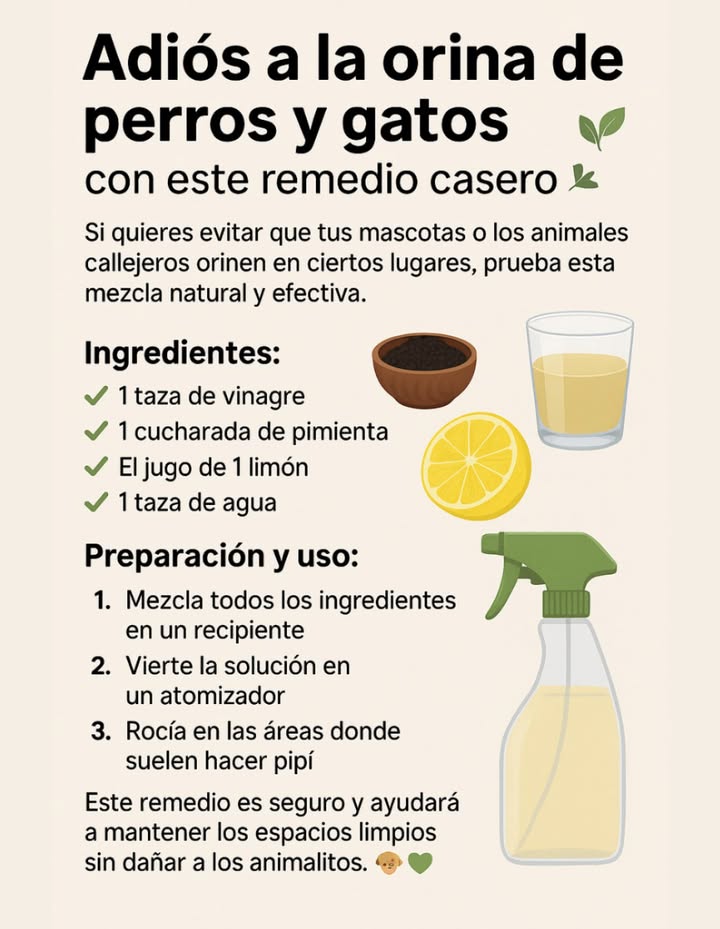 Adiós a la orina de perros y gatos con este remedio casero Si quieres evitar que tus mascotas o los animales callejeros orinen en ciertos lugares, prueba esta mezcla natural y efectiva. Ingredientes: 1 taza de vinagre 1 cucharada de pimienta El jugo de 1 limón 1 taza de agua Preparación y uso: 1 Mezcla todos los ingredientes en un recipiente. 2 Vierte la solución en un atomizador. 3 Rocía en las áreas donde suelen hacer pipí. Este remedio es seguro y ayudará a mantener los espacios limpios sin dañar a los animalitos.