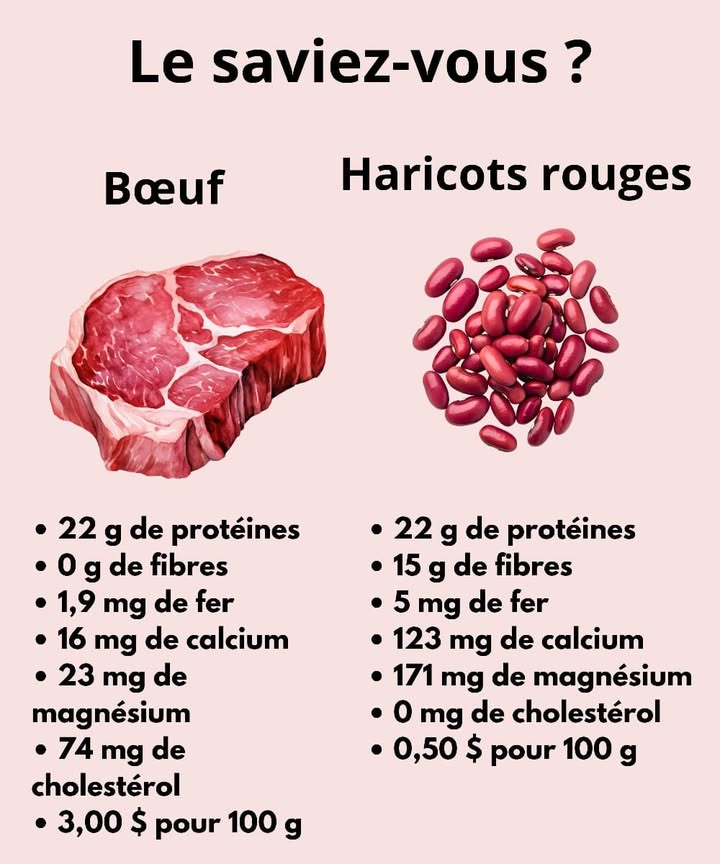 數 Viande vs. Haricots Rouges 
1 Viande de bœuf 
Riche en protéines de haute qualité, mais dépourvue de fibres.
 22 g de protéines
 0 g de fibres
 1,9 mg de fer
 16 mg de calcium
 23 mg de magnésium
 74 mg de cholestérol
  3,00  / 100 g
2 Haricots rouges 
Une source végétale complète, pleine de fibres, minéraux et sans cholestérol.
 22 g de protéines
 15 g de fibres
 5 mg de fer
 123 mg de calcium
 171 mg de magnésium
 0 mg de cholestérol
  0,50  / 100 g
 Les haricots rouges offrent une alternative plus équilibrée, nourrissante et économique que la viande, tout en protégeant votre cœur et la planète.
#alimentationéquilibrée #vegetarien