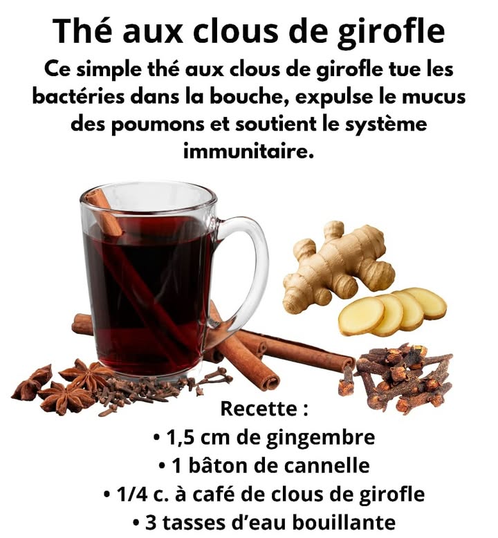Thé aux Clous de Girofle et Gingembre 
Une boisson chaude idéale pour purifier la bouche et dégager les poumons naturellement en quelques minutes.
 Ingrédients :
  morceau de gingembre frais en tranches 
 1 bâton de cannelle 
  cuillère à café de clous de girofle 
 3 tasses deau bouillante 
 Préparation :
1 Faites bouillir tous les ingrédients pendant 7 à 8 minutes.
2 Filtrez la boisson et laissez tiédir légèrement.
3 Ajoutez un peu de miel pour renforcer leffet immunitaire.
4 Dégustez chaud et respirez librement.
 À éviter en cas de grossesse ou de traitement anticoagulant.
#santenaturelle