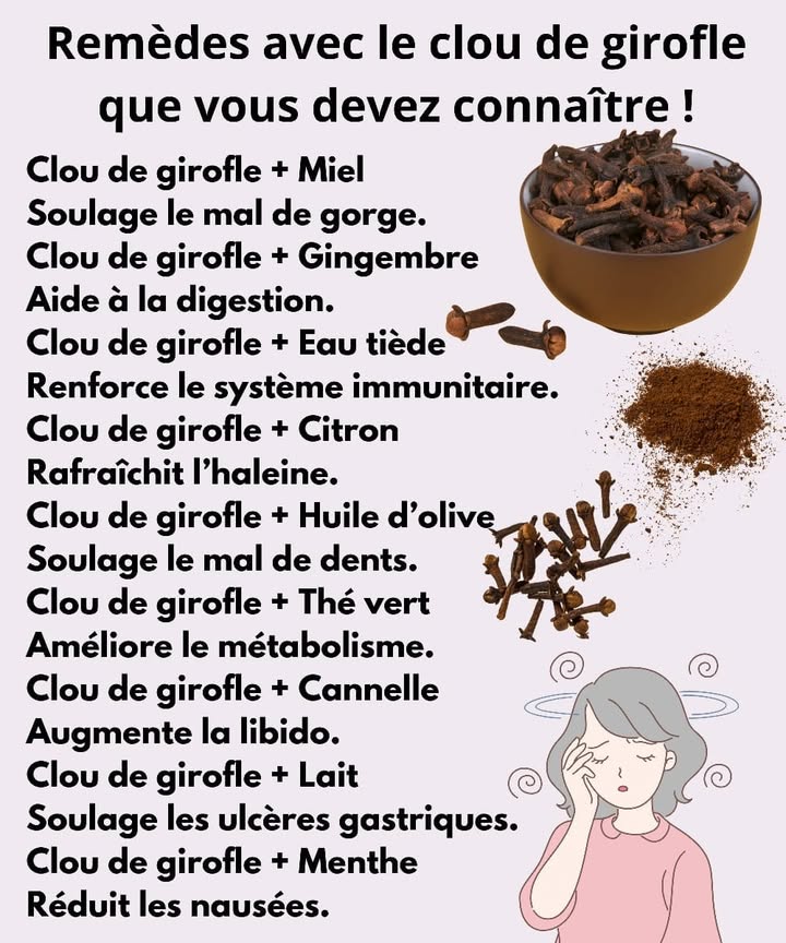Clou de girofle : petites associations utiles au quotidien 
Le clou de girofle possède une saveur intense et des propriétés appréciées depuis longtemps. Combiné à dautres ingrédients simples, il apporte un soutien naturel au confort digestif, buccal et respiratoire.
Idées à mélanger avec les clous de girofle
Clou de girofle  Miel 
Clou de girofle  Citron 
Clou de girofle  Gingembre 
Clou de girofle  Menthe 
Clou de girofle  Lait 拏
Clou de girofle  Cannelle 
Clou de girofle  Thé vert 
Clou de girofle  Eau tiède 
Clou de girofle  Huile dolive 㮝
1 Clou de girofle  citron
Procure une haleine plus fraîche et agréable.
2 Clou de girofle  miel
Adoucit la gorge lors de périodes de gêne.
3 Clou de girofle  gingembre
Facilite la digestion et limite linconfort après les repas.
4 Clou de girofle  menthe
Apaise les nausées légères et procure une sensation de fraîcheur.
5 Clou de girofle  eau tiède
Soutient naturellement les défenses du corps.
6 Clou de girofle  thé vert
Favorise un métabolisme actif de façon douce.
7 Clou de girofle  huile dolive
Peut aider à réduire les douleurs dentaires en attendant une consultation.
8 Clou de girofle  lait
Apaise les brûlures destomac et le stress gastrique.
9 Clou de girofle  cannelle
Contribue à stimuler lénergie intime.
#RemèdesNaturels #bienetreauquotidien