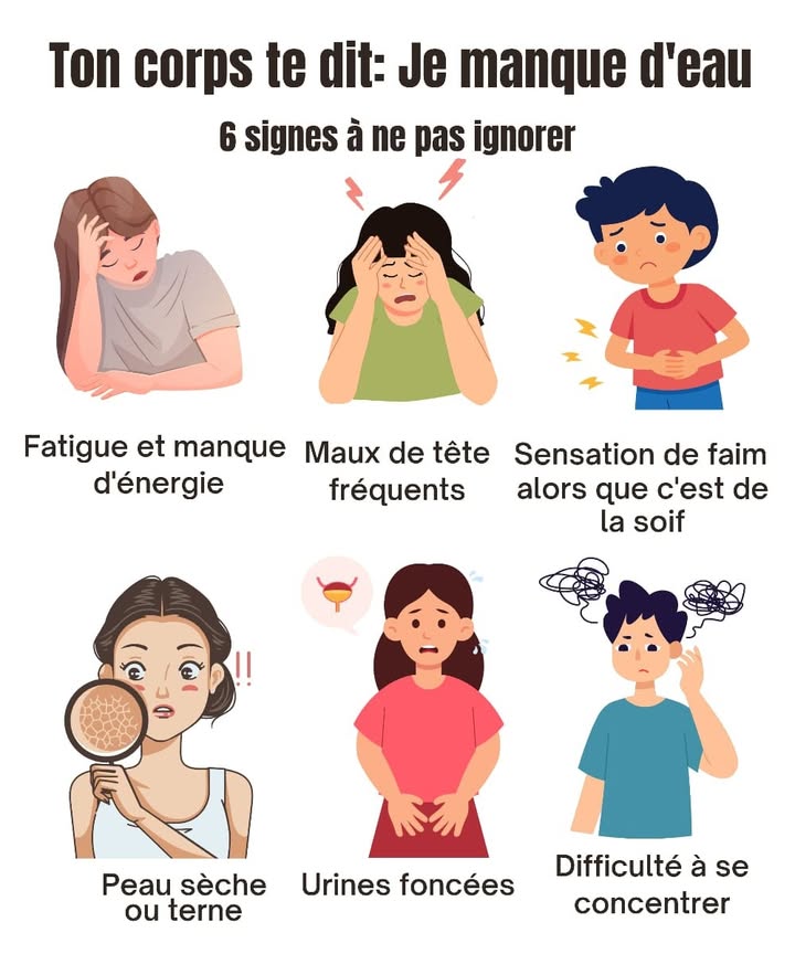Ton corps tenvoie des signaux, écoute-les ! 
Même une légère déshydratation peut affecter ton énergie, ta peau et ton humeur. Voici les signes les plus fréquents à surveiller 
1 Fatigue et baisse dénergie 
2 Maux de tête récurrents 洛
3 Fausse sensation de faim alors que tu as soif 
4 Peau sèche, terne ou tirée 
5 Urines foncées 
6 Difficulté à te concentrer 易
 Astuce bien-être : bois régulièrement de leau tout au long de la journée, même si tu nas pas soif. Ton corps ten remerciera. 
#santenaturelle #bienetre