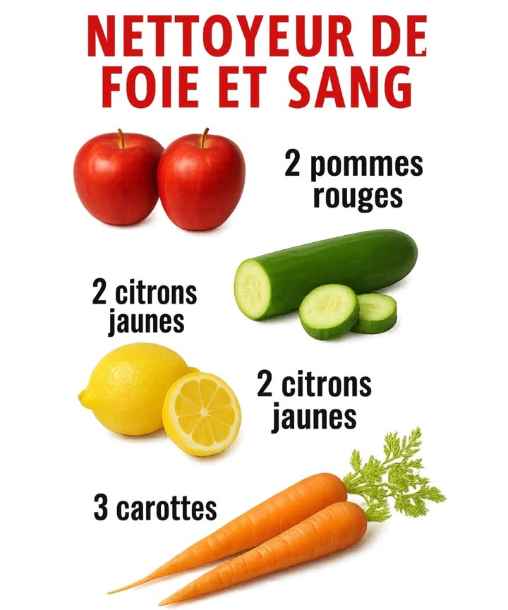 Jus Purifiant pour le Foie et le Sang 

1 2 pommes  Pleines dantioxydants, elles favorisent la détoxification et soutiennent la fonction hépatique. 
2  concombre  Hydrate en profondeur et aide à éliminer naturellement les toxines. 勒
3 2 citrons  Riche en vitamine C, il stimule le système immunitaire et nettoie lorganisme. 
4 3 carottes  Source de bêta-carotène, elles régénèrent les cellules et améliorent la qualité du sang. 凌

Mixez tous les ingrédients jusquà obtenir un jus lisse et buvez-le aussitôt.
Un élixir naturel qui purifie, revitalise et redonne de lénergie au corps. 
#viesaine