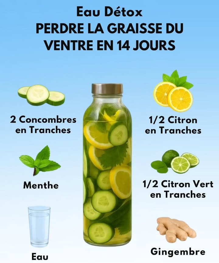 Eau Détox Rafraîchissante Maison 

Ingrédients :
 2 concombres finement tranchés 勒
 1/2 citron jaune 
 1/2 citron vert 
 Quelques feuilles de menthe fraîche 
 Un petit morceau de gingembre râpé ou en tranches 
 Eau bien fraîche 

Préparation :
1 Rince soigneusement tous les ingrédients sous leau claire.
2 Coupe les concombres et les citrons en fines rondelles.
3 Ajoute le gingembre et les feuilles de menthe dans une grande carafe.
4 Verse leau fraîche par-dessus et mélange légèrement.
5 Laisse reposer au réfrigérateur pendant environ 2 heures pour une infusion optimale.
6 Déguste bien frais, idéalement avec des glaçons, pour une hydratation pleine de saveur.

Une boisson vitaminée, purifiante et naturellement parfumée, parfaite pour se sentir léger et plein dénergie toute la journée