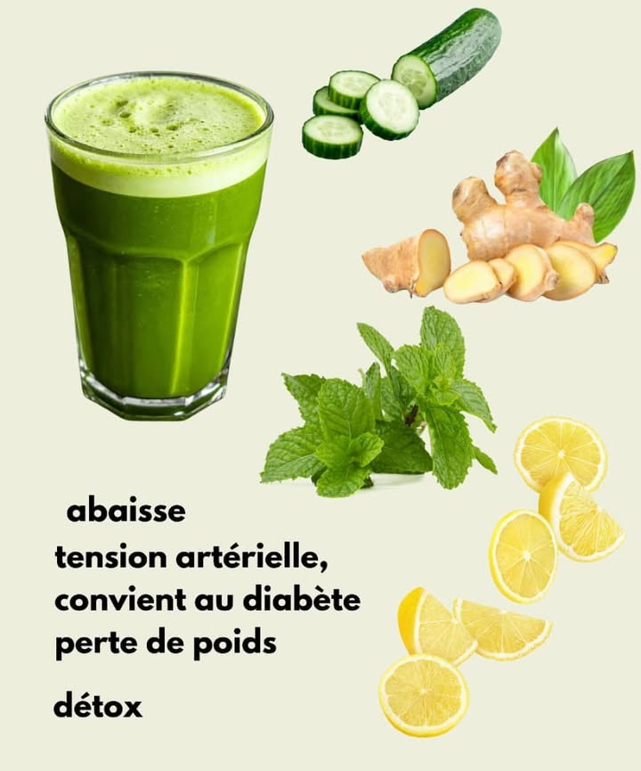 勒 Boisson fraîche au concombre, gingembre, menthe et citron 
Ingrédients
1 2 concombre en fines rondelles 勒
1 petit morceau de gingembre frais râpé 
Une poignée de feuilles de menthe fraîches 
Le jus dun demi-citron 
1 litre deau pure 
Étapes
1 Dépose les rondelles de concombre dans une carafe.
2 Ajoute le gingembre râpé et les feuilles de menthe.
3 Presse le jus du demi-citron par-dessus.
4 Verse leau et mélange bien.
5 Laisse reposer au moins 30 minutes ou toute la nuit au réfrigérateur.
Astuces
 Tu peux ajouter quelques tranches dorange ou de pomme pour varier le goût.
 Bois-le bien frais pour un effet désaltérant.
 Remplis la carafe deau une ou deux fois dans la journée pour prolonger ses bienfaits.
 Déguste-le le matin ou entre les repas à la place des boissons sucrées.
