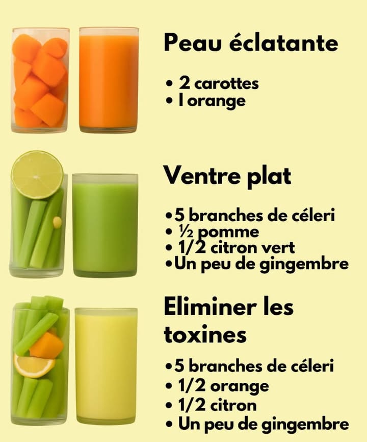 Jus Naturels pour une Beauté et une Légèreté au Naturel 
1 Peau éclatante
 2 carottes 凌
 1 orange 
Ce mélange plein de vitamines A et C nourrit la peau, la rend lumineuse et aide à un teint plus uniforme.
2 Ventre plat
 5 branches de céleri 
  pomme 
  citron vert 
 Un peu de gingembre 
Ce jus rafraîchissant stimule la digestion et aide à réduire les ballonnements naturellement.
3 Éliminer les toxines
 5 branches de céleri 
  orange 
  citron 
 Un peu de gingembre 
Un concentré détox pour purifier ton organisme et retrouver ton énergie.
#jusdetox #fblifestyle