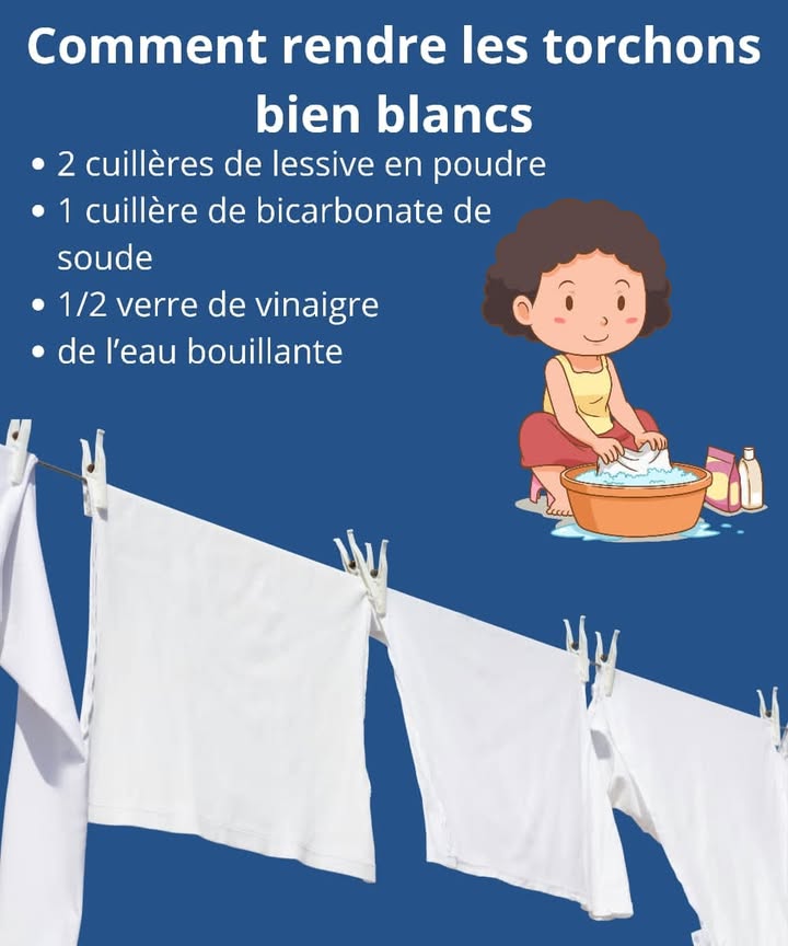 識 Astuce pour Rendre Tes Torchons Comme Neufs 識
Voir un torchon jauni et taché, cest frustrant  Mais il existe une petite recette maison simple et efficace pour leur redonner éclat et douceur  sans produits chimiques ni dépenses inutiles 
狀 Tu auras besoin de :
2 cuillères de lessive en poudre 林
1 cuillère de bicarbonate de soude 蓼
 verre de vinaigre blanc 
Eau bouillante 
 Étapes à suivre :
1 Mélange tous les ingrédients dans une bassine.
2 Plonge les torchons dans le mélange.
3 Laisse tremper toute la nuit pour que le bicarbonate fasse effet.
4 Le lendemain, rince bien et lave normalement.
5 Pour un résultat encore plus éclatant, laisse-les quelques heures au soleil 
Résultat : des torchons propres, doux et comme neufs 
Une méthode transmise de génération en génération  simple et redoutablement efficace 
#AstucesMaison  #MénageFacile