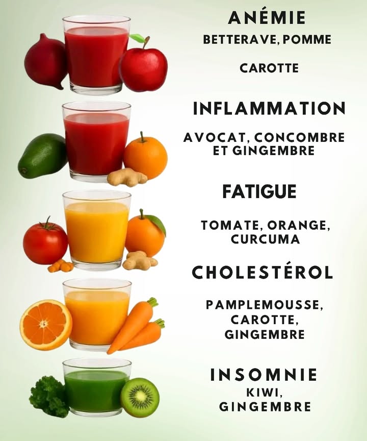 磻 Jus naturels pour harmoniser ton corps Choisis ton mélange selon ce que ton organisme ressent aujourdhui Voici quelques combinaisons simples et bénéfiques : Pour soutenir la formation du sang Betterave Pomme Carotte Pour apaiser les inflammations Avocat Concombre Gingembre Pour retrouver vitalité et énergie Tomate Orange Curcuma 李 Pour aider à léquilibre du cholestérol Pamplemousse Carotte Gingembre Pour encourager un sommeil plus serein Kiwi Gingembre Ces jus apportent des vitamines naturelles, des fibres et des antioxydants essentiels. Un petit verre au quotidien peut devenir un geste simple de soin pour ton corps #fblifestyle
