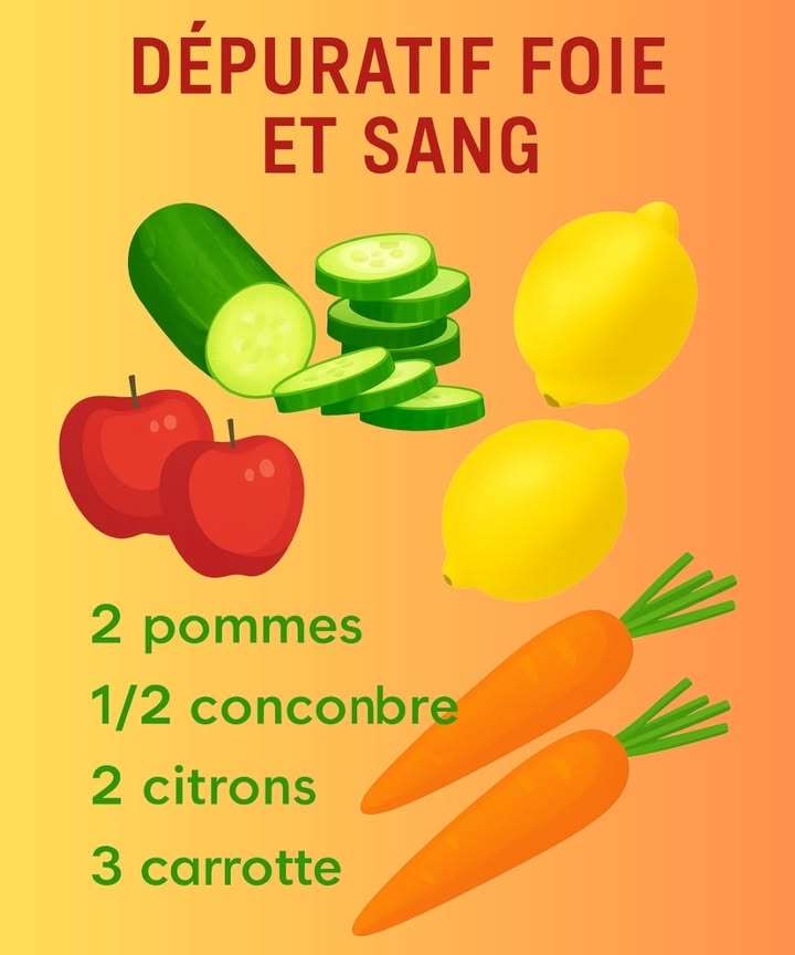 Boisson Maison pour Purifier le Foie et le Sang 凌勒 Cette préparation simple associe des fruits et légumes du quotidien pour créer une boisson fraîche et nourrissante qui soutient naturellement les fonctions de détoxification de lorganisme. Ingrédients et bienfaits : 2 pommes riches en antioxydants, elles favorisent la bonne santé du foie. concombre très hydratant, il aide à éliminer les toxines. 2 citrons source précieuse de vitamine C, essentielle au processus de purification. 3 carottes chargées en bêta-carotène, elles soutiennent la vitalité et la qualité du sang. Préparation : Lavez soigneusement les ingrédients, découpez-les en morceaux puis mixez jusquà obtenir une texture homogène. Astuce : À consommer aussitôt après la préparation pour profiter pleinement de sa fraîcheur. Cette boisson est à la fois détoxifiante et énergisante, idéale pour bien commencer la journée ou pour une pause revitalisante.