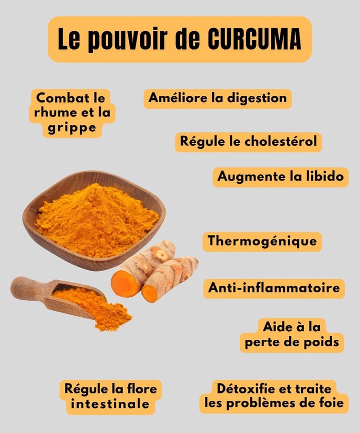Le Pouvoir du Curcuma 1 Aide à combattre les rhumes et la grippe 蠟 2 Améliore la digestion 3 Régule le cholestérol 4 Stimule la libido 5 Renforce le système immunitaire 6 Favorise la perte de poids 7 Détoxifie et soutient le foie 8 Agit comme un brûleur de graisses naturel 9 Possède une action anti-inflammatoire Équilibre la flore intestinale Le curcuma est une épice précieuse qui associe goût et bienfaits, un vrai allié naturel au quotidien. #santenaturelle #curcuma #fblifestyle