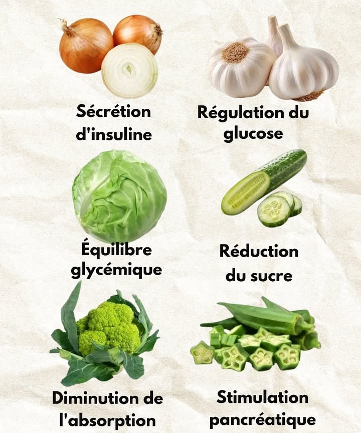 復 Légumes qui favorisent un bon contrôle du sucre dans le sang 復 Oignon : il contribue à faire diminuer progressivement la glycémie. Ail : il soutient naturellement la sécrétion dinsuline. Chou : il aide lorganisme à stabiliser le taux de glucose. Concombre : il participe à une régulation douce du sucre. Brocoli : il favorise le bon fonctionnement du pancréas. Gombo : il freine labsorption du sucre après les repas. Pour de meilleurs résultats, ces légumes sintègrent dans une alimentation équilibrée, accompagnée dune bonne hydratation et dune activité physique régulière.