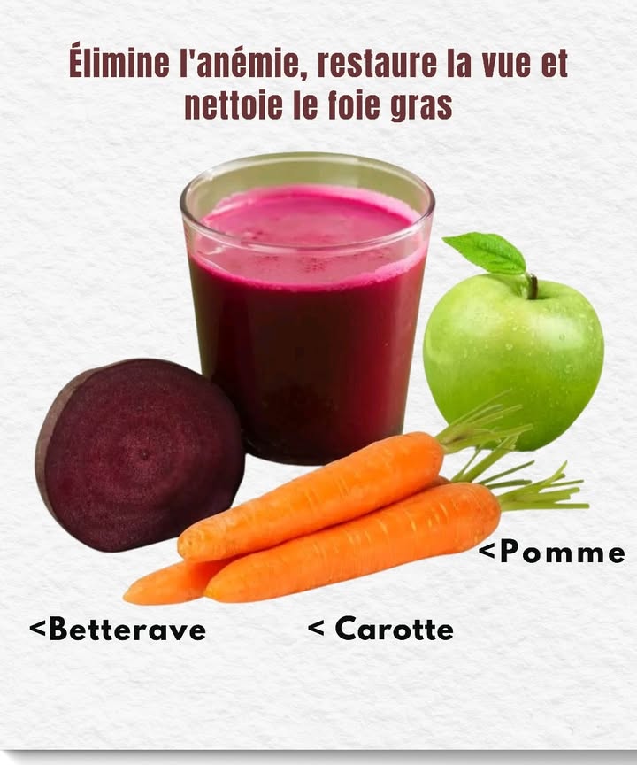 凌 Jus vitalité maison à la betterave 塞

Ingrédients
Betterave rouge 塞
Carotte croquante 凌
Pomme sucrée 

Préparation
1 Rince soigneusement les fruits et légumes pour éliminer toute impureté.
2 Coupe-les en morceaux moyens pour faciliter le mixage.
3 Passe-les à lextracteur ou au mixeur jusquà obtenir un jus homogène.
4 Verse dans un verre et savoure immédiatement pour profiter de tous les nutriments.

Ce jus coloré est un vrai coup de boost pour le corps : il purifie le foie, améliore la vision et redonne de lénergie naturellement 

#fblifestyle 
#jusdetox 
#santenaturelle