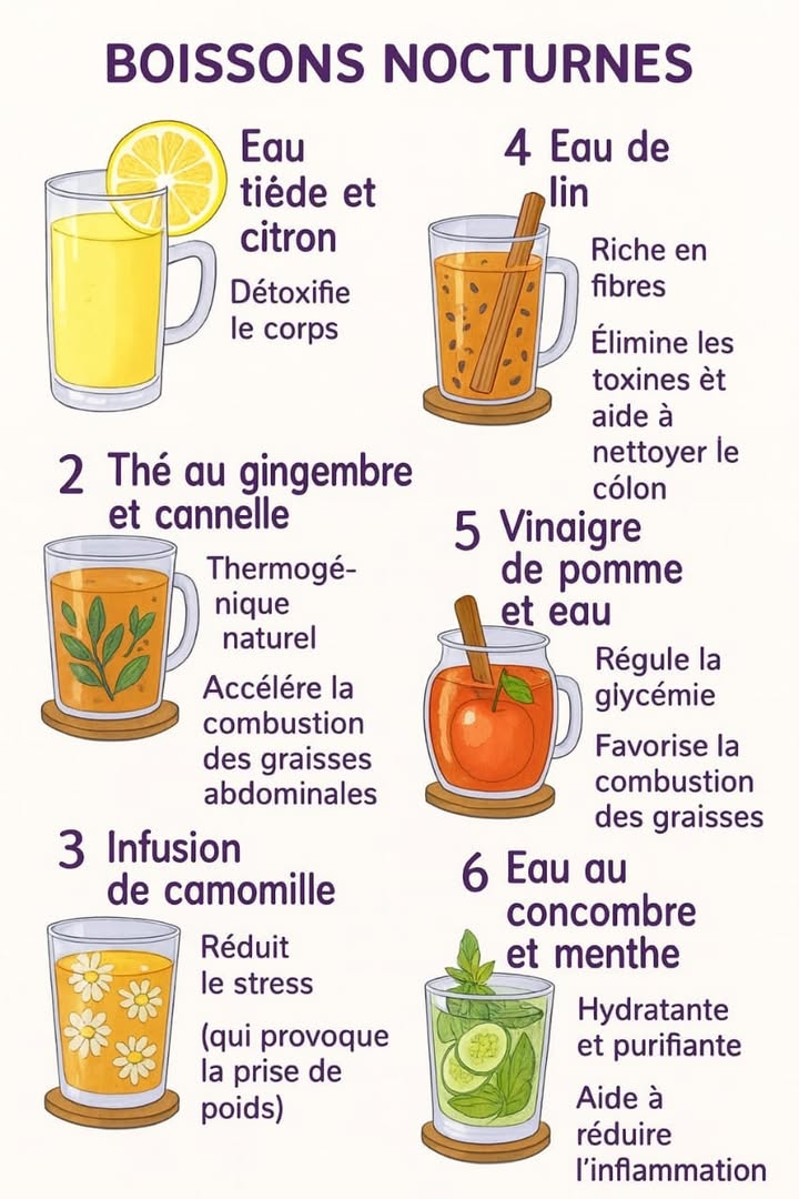 Boissons Nocturnes Pour Un Soir Calme & Léger 
Une petite routine du soir peut apaiser le corps, faciliter la digestion et rendre le sommeil plus doux. Voici des idées simples et rapides à préparer.
Eau tiède citronnée 
Citron 
Eau tiède 
Thé au gingembre et cannelle 
Gingembre frais 
Canelle en bâton 
Infusion de camomille 
Fleurs de camomille 
Eau chaude 
Eau de lin 
Graines de lin 
Eau chaude 
Vinaigre de pomme & eau 
Vinaigre de pomme 
Eau 
Eau au concombre et menthe 
Concombre 勒
Feuilles de menthe 
Eau fraîche 
1 Chauffer leau selon la boisson choisie.
2 Ajouter les ingrédients et laisser infuser doucement.
3 Mélanger et laisser tiédir.
4 Boire lentement avant de dormir.
#bienetre #RoutineNocturne