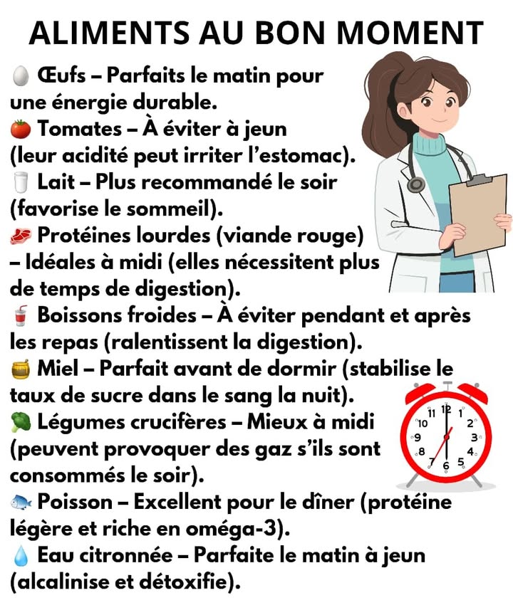 綾 Aliments à Consommer au Bon Moment 綾
1 Œufs 
Parfaits le matin pour une énergie stable et durable tout au long de la journée.
2 Tomates 
À éviter à jeun, leur acidité peut irriter lestomac.
3 Lait 拏
Mieux le soir, il favorise un bon sommeil et aide à la détente.
4 Protéines lourdes viande rouge 數
Idéales à midi, car elles demandent plus de temps pour la digestion.
5 Boissons froides 遼
À éviter pendant et juste après les repas, elles ralentissent la digestion.
6 Miel 
Excellent avant de dormir, il aide à stabiliser le taux de sucre dans le sang la nuit.
7 Légumes crucifères 復
À consommer plutôt à midi, car ils peuvent provoquer des gaz sils sont mangés le soir.
8 Poisson 
Parfait pour le dîner, léger, riche en protéines et en oméga-3.
9 Eau citronnée 
Idéale le matin à jeun, elle alcalinise et détoxifie lorganisme.
#santenaturelle #fblifestyle