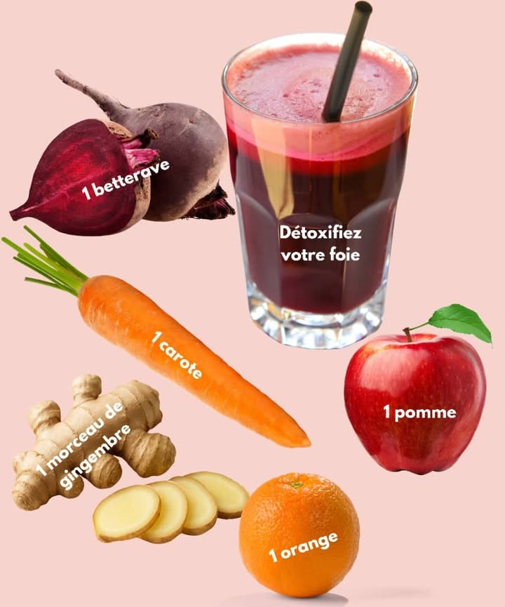 Nettoyez votre foie naturellement avec ce jus puissant 
1 Ingrédients  1 betterave 凌
 1 carotte 李
 1 morceau de gingembre 
 1 pomme 
 1 orange 
2 Préparation
 Lavez bien tous les ingrédients.
 Coupez-les en morceaux.
 Passez-les dans un extracteur de jus.
 Dégustez immédiatement pour profiter de tous ses bienfaits.
3 Bienfaits
Ce jus est riche en antioxydants et en vitamines, parfait pour soutenir votre foie et améliorer votre digestion.
#detox #sante