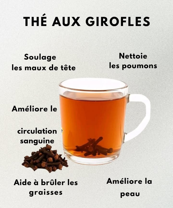 Infusion de clous de girofle  Un trésor bien-être venu de la nature 

Le thé aux clous de girofle ne se limite pas à son goût parfumé et réconfortant. Cette boisson renferme de véritables vertus médicinales grâce aux huiles essentielles quelle contient, en particulier leugénol, reconnu pour ses effets apaisants et anti-inflammatoires. 

 Les bienfaits de linfusion de clous de girofle :

 Apaise les maux de tête : ses composés naturels procurent un effet relaxant et calmant.

 Favorise la circulation sanguine : consommée régulièrement, elle soutient le cœur et les vaisseaux.

 Décongestionne les voies respiratoires : aide à fluidifier les sécrétions et facilite la respiration.

 Stimule le métabolisme : sa légère action tonique encourage la combustion des graisses.

 Prend soin de la peau : ses propriétés antibactériennes contribuent à un teint plus clair et équilibré.

𥳐 Comment préparer :
Plongez une ou deux clous de girofle dans de leau bouillante et laissez infuser une dizaine de minutes. Vous pouvez sucrer avec un peu de miel ou ajouter une pointe de cannelle pour plus de saveur.

 En résumé :
Facile à réaliser et riche en bienfaits, le thé aux clous de girofle est un allié précieux pour renforcer lorganisme et améliorer le bien-être au quotidien. Une simple tasse par jour peut faire une vraie différence.