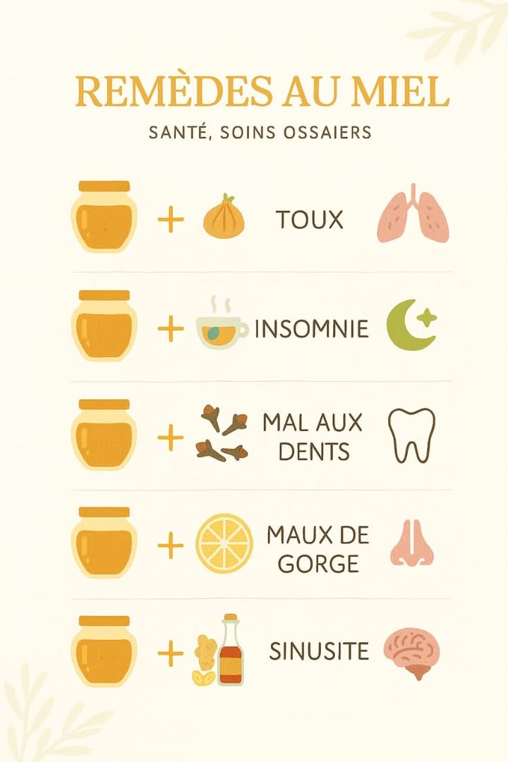 Le doux guérisseur de la nature : le miel contre les maux courants 
1 蠟 Toux apaisée
Miel  oignon 暈
 Laisse mariner des morceaux doignon dans du miel toute la nuit. Prends une cuillère le matin pour calmer la gorge et réduire la toux.
2  Sommeil réparateur
Miel  tisane 
 Fais fondre une cuillère de miel dans une infusion chaude de camomille ou de lavande. Aide ton corps et ton esprit à se détendre avant le coucher. 
3  Soulagement des dents
Miel  clou de girofle 
 Mélange du miel avec du clou de girofle moulu et applique sur la zone douloureuse. Apaise rapidement la douleur.
#santenaturelle