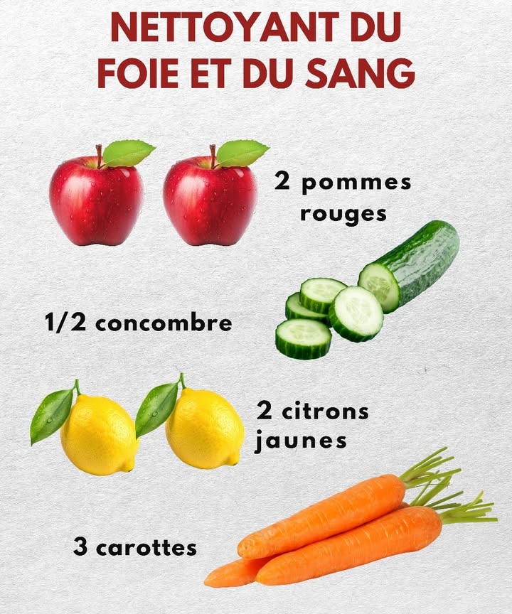Jus Purifiant pour le Foie et le Sang 

1 2 pommes  Riches en antioxydants qui soutiennent le bon fonctionnement du foie 
2 1/2 concombre  Apporte hydratation et aide à éliminer les toxines 勒
3 2 citrons  Source naturelle de vitamine C qui favorise la détoxication 
4 3 carottes  Pleines de bêta-carotène qui renforcent la santé du sang 凌

Lavez soigneusement les ingrédients, découpez-les et mixez le tout jusquà obtenir une boisson homogène. À consommer frais pour profiter dun coup de fouet nutritif et agréable. 
#fblifestyle
