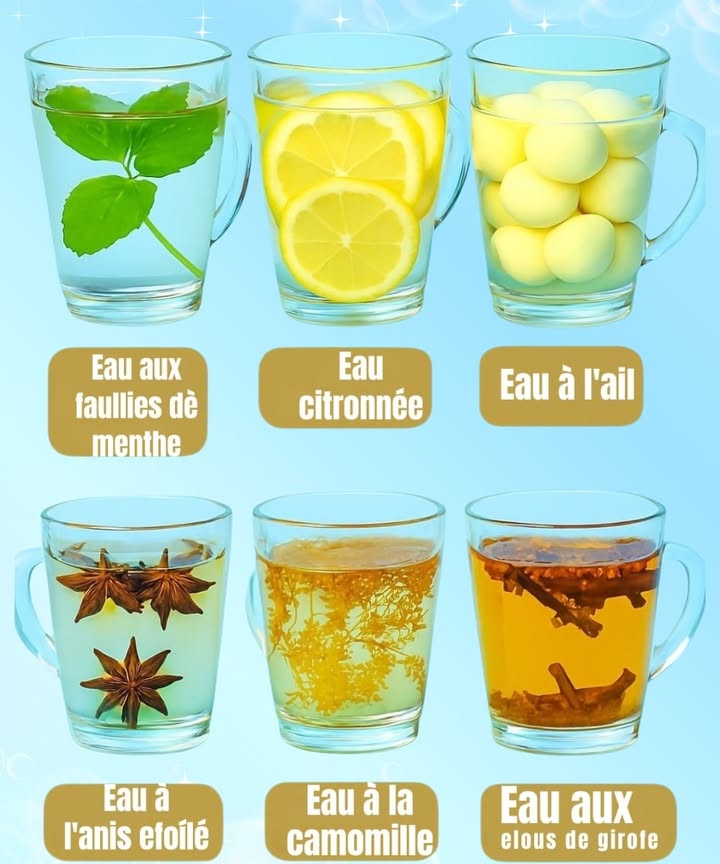 Bienfaits des eaux naturelles 

1 Eau à lail
Aide à éliminer les toxines et renforce le système immunitaire contre les infections.

2 Eau citronnée
Protège les reins, favorise la digestion et contribue à prévenir les calculs rénaux.

3 Eau à la menthe
Décongestionne les voies respiratoires et apaise la toux légère.

4 Eau au clou de girofle
Lutte contre les bactéries, rafraîchit lhaleine et soulage les petites douleurs.

5 Eau à la camomille
Favorise la détente, diminue le stress et calme le corps.

6 Eau à lanis
Facilite la respiration et aide à soulager les symptômes de lasthme.

 Une habitude simple et naturelle pour renforcer le corps et améliorer le bien-être au quotidien.
#fblifestyle