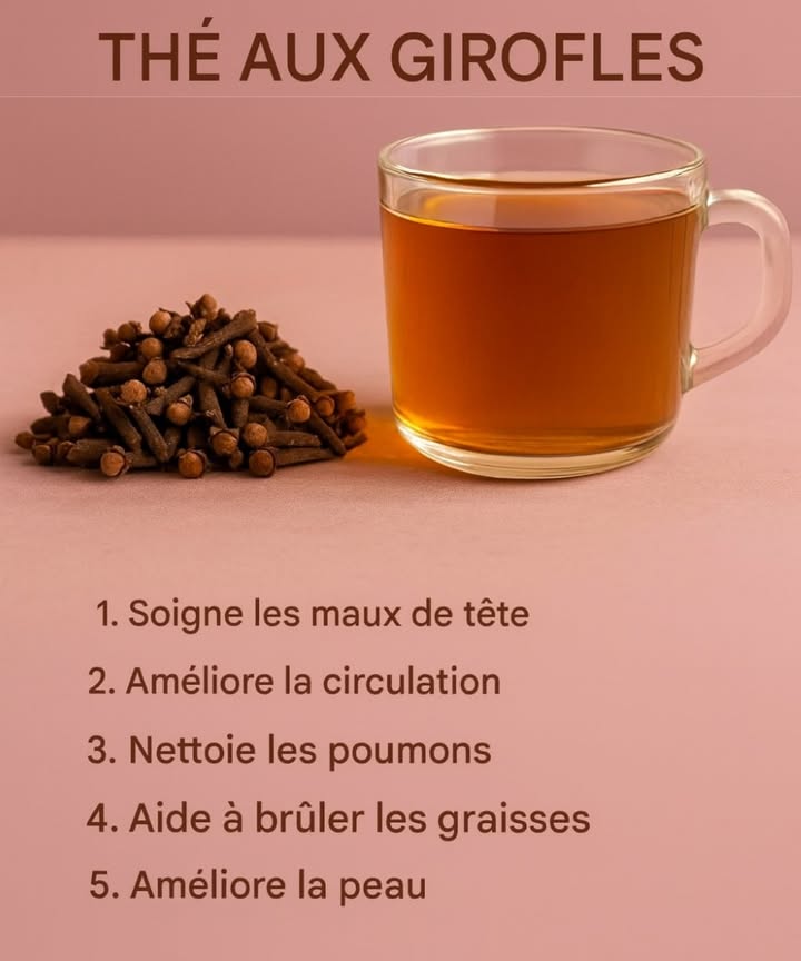 Bienfaits du Thé aux Clous de Girofle 

1 Soulage les maux de tête et procure une sensation de bien-être.
2 Favorise la circulation sanguine et redonne de la vitalité.
3 Aide à purifier les poumons naturellement.
4 Stimule le métabolisme et contribue à la combustion des graisses.
5 Améliore la santé de la peau, la rendant plus éclatante.
6 Combat les inflammations dans lorganisme.