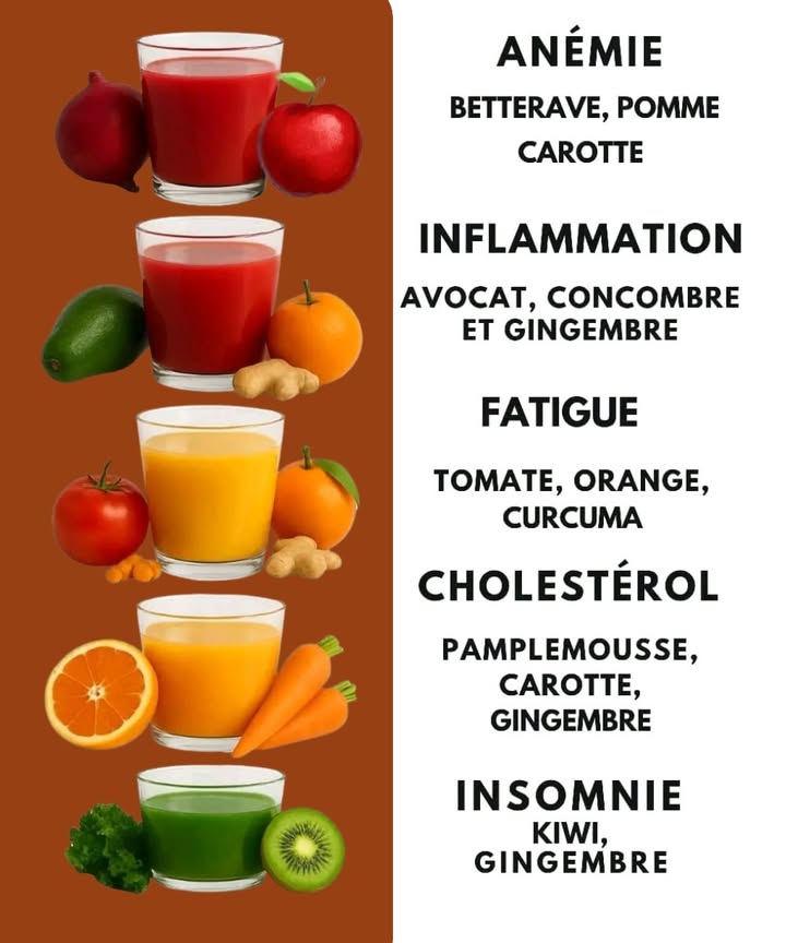 Recettes de jus bien-être 

Des combinaisons simples, naturelles et adaptées à différents besoins du quotidien.

—

1 Pour soutenir lorganisme en cas danémie
Betterave   Pomme   Carotte 凌
Un jus riche en fer, antioxydants et bêta-carotène. La betterave stimule la production de globules rouges, tandis que la pomme et la carotte facilitent lassimilation des nutriments.

—

2 Pour apaiser linflammation
Avocat 陋  Concombre 勒  Gingembre 
Lavocat apporte de bonnes graisses protectrices, le concombre hydrate les tissus et le gingembre possède des composés naturels qui soutiennent les mécanismes anti-inflammatoires.

—

3 Pour retrouver de lénergie en période de fatigue
Tomate   Orange   Curcuma 
La tomate est riche en lycopène, lorange en vitamine C et le curcuma en curcumine. Ensemble, ils aident le corps à mieux gérer le stress oxydatif et favorisent la vitalité.

—

4 Pour accompagner une alimentation visant à équilibrer le cholestérol
Pamplemousse   Carotte 凌  Gingembre 
Le pamplemousse contient des fibres solubles, la carotte apporte des antioxydants, et le gingembre soutient la digestion. Une combinaison utile dans une démarche nutritionnelle appropriée.

—

5 Pour favoriser un sommeil plus serein
Kiwi 諾  Gingembre 
Le kiwi contient des nutriments impliqués dans la détente et la qualité du sommeil. Le gingembre, en petites quantités, facilite la digestion pour un repos plus agréable.