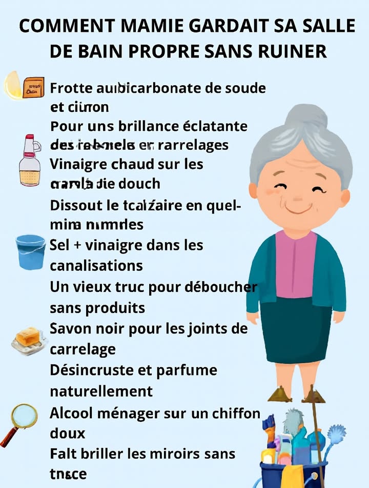 Une salle de bain éclatante sans se ruiner   
Découvre 5 astuces naturelles, simples et économiques pour garder ta salle de bain propre et brillante au quotidien 

1 Bicarbonate  citron   
 Idéal pour frotter les robinets et le carrelage : effet brillance garanti !

2 Vinaigre chaud 林  
 Appliqué sur les parois de douche, il élimine le calcaire en quelques minutes.

3 Sel  vinaigre 画  
 Un duo magique à verser dans les canalisations pour les déboucher sans produits chimiques.

4 Savon noir 識  
 Parfait pour nettoyer les joints de carrelage tout en parfumant naturellement.

5 Alcool ménager  chiffon doux 爵  
犯 Pour des miroirs nets, brillants et sans aucune trace.

#maisonnaturelle  #trucsdemamie  #EntretienFacile