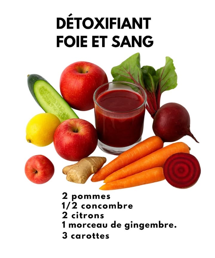 Jus de betterave détox 
Ingrédients
 1/4 tasse de betterave râpée 塞
 1/4 tasse deau 
 1 c. à café de jus de citron 
 1 petite carotte optionnelle 凌
Préparation
1 Mélange la betterave râpée avec leau et le jus de citron
2 Bois immédiatement pour profiter de toute la fraîcheur
Utilisation
3 Bois ce jus le matin à jeun pendant 5 jours consécutifs
Astuce
4 Ajoute une petite carotte pour plus de vitamine A et une peau en meilleure santé
Précautions
5 Prépare toujours ton jus frais, ne le conserve pas
6 Évite si tu as des problèmes rénaux actifs
Note
Ce jus est une aide naturelle pour soutenir le bien-être général, mais il ne remplace pas les soins médicaux. Les effets peuvent varier selon chacun.
#JusNaturel