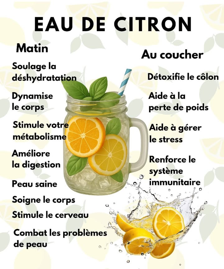 Eau Citronnée : Le Rituel Santé du Matin et du Soir 
Leau de citron est un allié simple et naturel pour purifier et revitaliser ton corps. Découvre ses bienfaits à différents moments de la journée ! 
 Le matin : 1  Soulage la déshydratation
2  Dynamise et réveille ton métabolisme
3  Améliore la digestion
4  Offe une peau éclatante
5 易 Stimule ton cerveau et ta concentration
 Le soir :
1 識 Détoxifie et nettoie lorganisme
2  Aide à la perte de poids
3 裂 Renforce ton système immunitaire
4  Réduit le stress et favorise un sommeil paisible
 Astuce de Grand-Mère : Presse un demi-citron frais dans un verre deau tiède pas bouillante ! pour conserver toutes ses vitamines 
 Bois ton verre chaque jour, matin ou soir ou les deux ! et ressens la différence 
#santenaturelle #bienetre