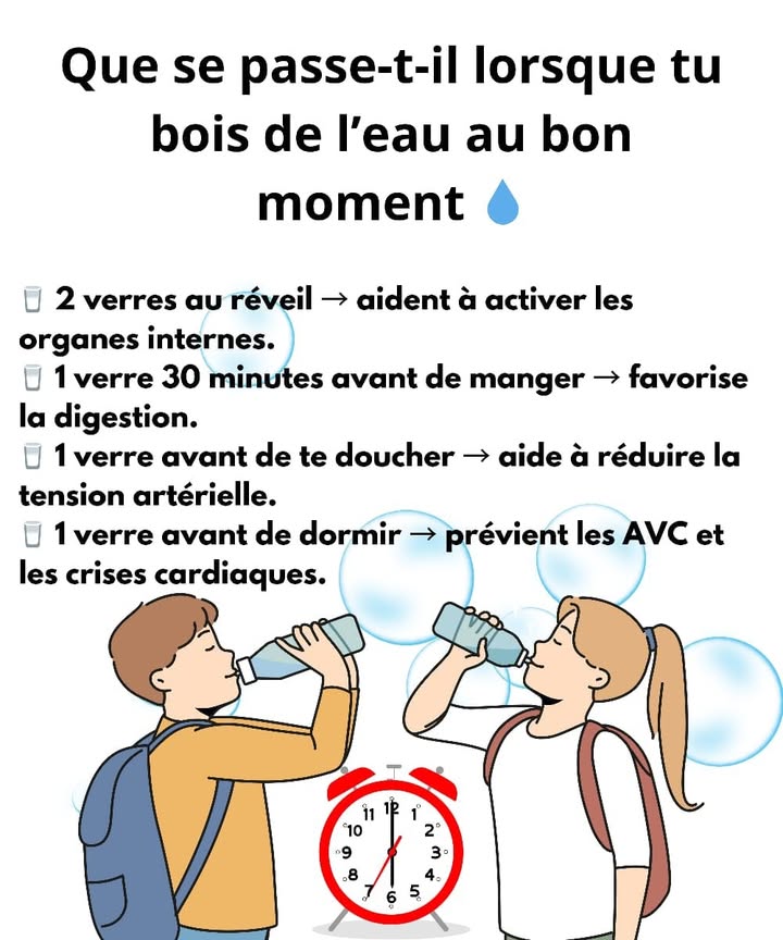 Boire de leau au bon moment 
1 Au réveil   Deux verres deau pour activer les organes et réveiller le métabolisme.
2 Avant de manger   Un verre 30 minutes avant le repas pour améliorer la digestion et préparer lestomac.
3 Avant la douche   Un verre aide à équilibrer la pression artérielle.
4 Avant de dormir   Un verre protège le cœur et prévient les accidents vasculaires cérébraux.
 Une habitude simple qui favorise la circulation, la digestion et le bien-être général.
#santenaturelle