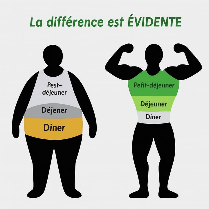 La clé dune silhouette équilibrée 
1 Petit-déjeuner 
Commence la journée avec un repas complet et nutritif. Cest ton carburant pour toute la matinée 
2 Déjeuner 綾
Choisis un repas équilibré, ni trop lourd ni trop léger, pour garder ton énergie sans somnolence 
3 Dîner 
Léger et simple : une soupe, des légumes ou une protéine maigre suffisent pour bien dormir 
Changer lordre et la quantité de tes repas change tout. Mange mieux, pas plus !
#sante