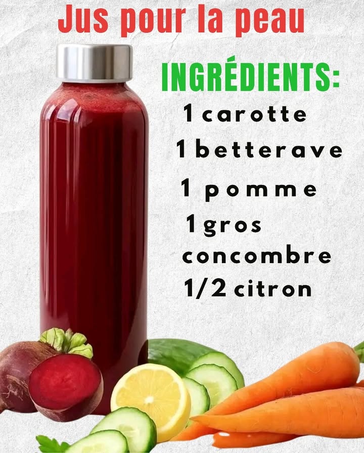 凌 Jus Peau Radieuse 勒

Pour retrouver un teint frais et une peau revitalisée, ce jus est une excellente option naturelle. Riche en nutriments, il apporte ce quil faut pour illuminer votre journée 

1 Carotte  grâce au bêta-carotène, elle contribue à une peau plus saine
2 Betterave  connue pour ses propriétés détoxifiantes et stimulantes
3 Pomme  sa teneur en antioxydants aide à protéger la peau du stress oxydatif
4 Concombre  hydratation profonde et douceur garantie 
5 Demi-citron  une touche de vitamine C pour plus déclat et de tonicité 

 Mixez tous les ingrédients ou passez-les à lextracteur, puis servez le jus bien frais.
Astuce : consommé le matin à jeun, il offre un effet bonne mine encore plus visible