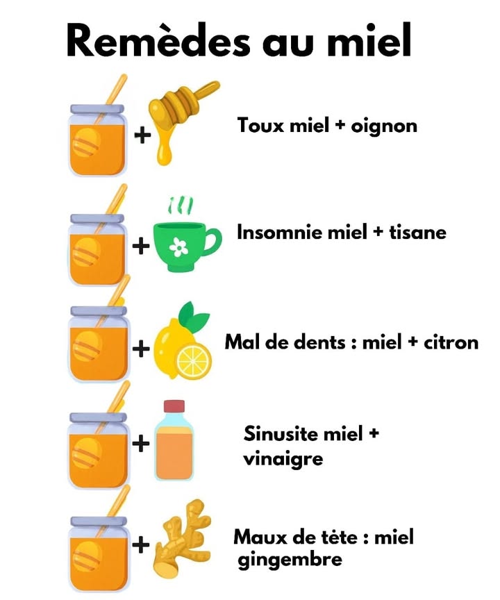 Le doux remède de la nature : le miel contre les maux du quotidien 
1 蠟 Soulager la toux
Miel  Oignon 暈
 Un ancien remède plein de sagesse. Laissez reposer un oignon émincé dans du miel toute la nuit, puis prenez une cuillère pour apaiser la gorge et calmer la toux.
2  Améliorer le sommeil
Miel  Infusion dherbes 
 Faites fondre une cuillère de miel dans une tisane tiède de camomille ou de lavande avant de dormir. Cela détend le corps et favorise un sommeil paisible. 
3  Soulager les douleurs dentaires
Miel  Clou de girofle 
 Mélangez un peu de miel avec du clou de girofle moulu et appliquez sur la zone douloureuse pour un effet apaisant naturel.
 Un trésor ancien qui continue de guérir avec douceur 
#remedesnaturels #bienetre  #fblifestyle