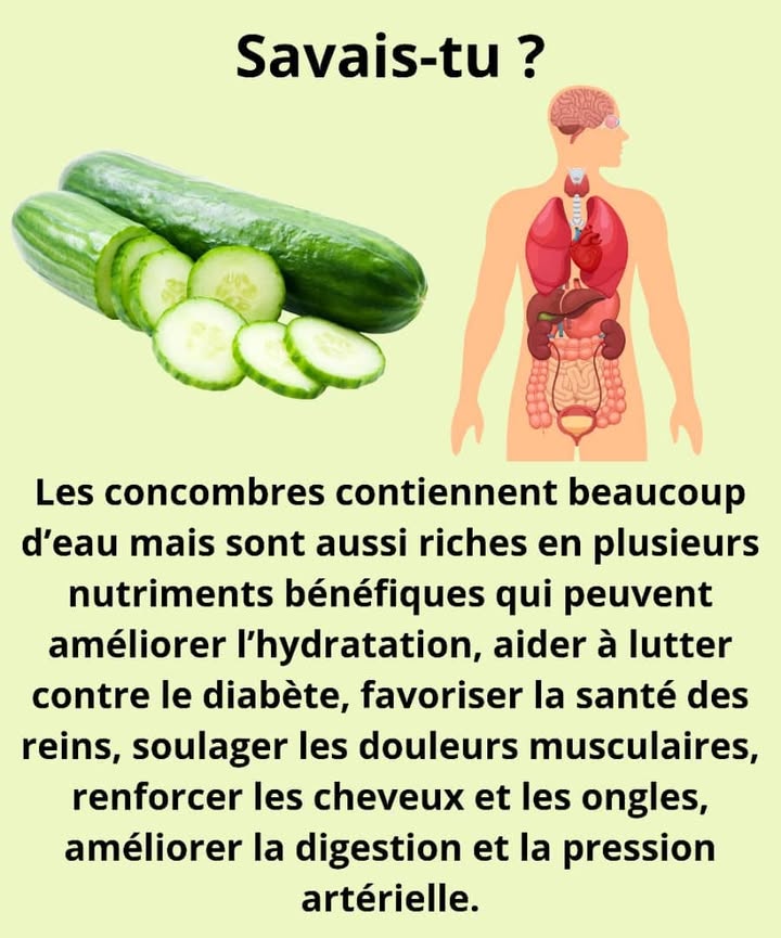 勒 Bienfaits Simples du Concombre 勒
 Ingrédient principal :  Concombre 勒
1 Hydratation naturelle
Le concombre apporte une grande dose deau , idéale pour garder le corps frais et bien hydraté.
2 Soutien pour la glycémie
Ses fibres aident à stabiliser le taux de sucre dans le sang .
3 Confort rénal
Sa teneur en eau favorise lélimination des toxines et le bon fonctionnement des reins .
4 Soulagement musculaire
Il aide à apaiser les tensions et les crampes grâce à ses minéraux essentiels .
5 Beauté des cheveux et des ongles
Ses vitamines renforcent naturellement cheveux et ongles .
6 Digestion plus légère
Le concombre facilite le transit et apporte une sensation de légèreté .
7 Pression sanguine équilibrée
Riche en potassium, il aide à maintenir une tension stable 
#santenaturelle  #bienetrequotidien