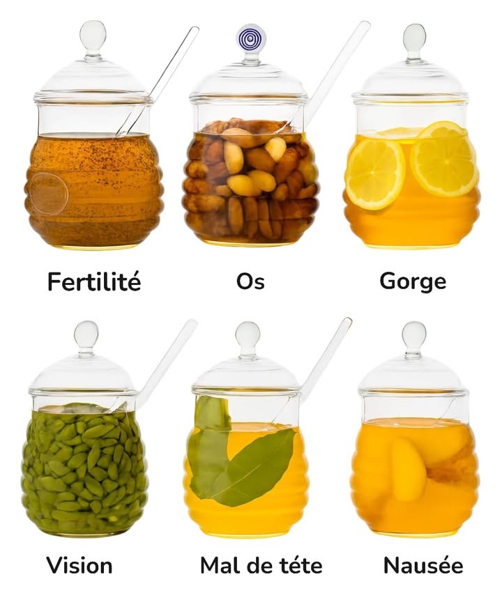 Les bienfaits du miel combiné 
1 Miel  Citron 
Apaise la gorge, renforce limmunité et nettoie le système digestif.
2 Miel  Noix 樂
Un mélange nourrissant qui soutient les os et renforce la mémoire.
3 Miel  Graines de nigelle 齃
Améliore la fertilité et stimule la vitalité naturelle.
4 Miel  Feuilles de menthe 
Calme les maux de tête et rafraîchit le corps.
5 Miel  Graines de courge 
Protège la vision et favorise une bonne santé oculaire.
6 Miel  Gingembre 
Soulage la nausée et réchauffe le corps pendant les saisons froides.
#remedenaturel  #santebienetre