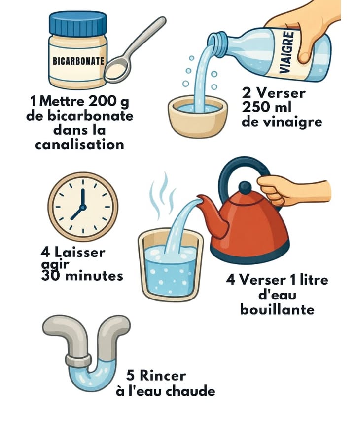 Astuce Naturelle pour Éliminer lOdeur dÉgout 
Voici une petite méthode simple pour retrouver un évier, un lavabo ou une douche fraîche et sans odeurs.
Ingrédients
100 g de bicarbonate 
200 ml de vinaigre blanc 
1 litre deau chaude 
Étapes
1 Verser le bicarbonate dans la canalisation 
Le bicarbonate absorbe les odeurs et décroche les résidus.
2 Ajouter le vinaigre blanc 
La mousse apparaît et aide à décoller les saletés.
3 Laisser agir 10 minutes 
Le mélange nettoie en profondeur.
4 Verser leau chaude 
Elle chasse les graisses et les dépôts.
 Résultat rapide
Odeurs éliminées
Gras et petits bouchons dissous
Évacuation plus fluide
Canalisation propre et fraîche
 100% naturel
 Économique
 Parfait pour évier, lavabo, douche
 Bonus : refaire lopération une fois par mois pour garder des canalisations propres.
#MaisonPropre  #astuceecologique