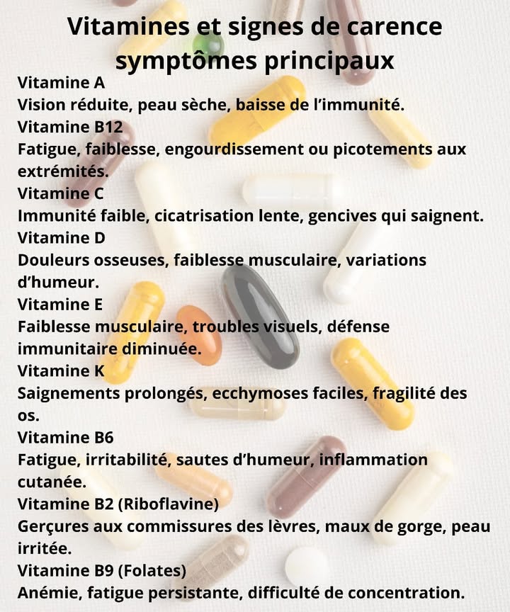 Signes que ton corps manque de vitamines essentielles 
凌 Vitamine A 凌
Faible vision nocturne, peau sèche, infections répétées.
Rôle : protège la vue, la peau et le système immunitaire.
 Vitamine B12 
Fatigue, picotements dans les mains et pieds, humeur changeante.
Rôle : soutient les nerfs et la production de globules rouges.
 Vitamine C 
Rhumes fréquents, cicatrisation lente, gencives sensibles.
Rôle : renforce limmunité et favorise la production de collagène.
 Vitamine D 
Douleurs osseuses, faiblesse musculaire, moral bas.
Rôle : aide à labsorption du calcium et soutient léquilibre émotionnel.
樂 Vitamine E 樂
Vision floue, baisse dénergie, immunité affaiblie.
Rôle : antioxydant qui protège les cellules.
塞 Vitamine K 塞
Ecchymoses rapides, saignements prolongés, os fragiles.
Rôle : essentielle pour la coagulation et la solidité des os.
易 Vitamine B6 易
Irritabilité, fatigue, problèmes de peau.
Rôle : équilibre nerveux et renforcement des défenses naturelles.
 Vitamine B2 
Gerçures aux lèvres, maux de gorge, peau irritée.
Rôle : vitalité, santé des yeux et de la peau.
溺 Vitamine B9 溺
Anémie, manque de concentration, épuisement.
Rôle : indispensable au renouvellement cellulaire et à la clarté mentale.
 Écoute ton corps  chaque signe est un message quil tenvoie pour retrouver ton équilibre naturel.
#santenaturelle #vitamines