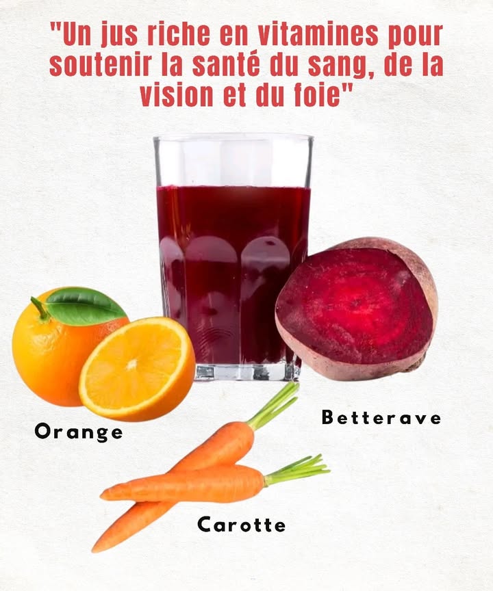 凌 Un jus naturel pour une meilleure santé 凌
1 Betterave 塞 riche en fer et en antioxydants, elle contribue à soutenir la formation du sang.
2 Carotte 凌 pleine de vitamine A, elle favorise une bonne vision et aide le système immunitaire.
3 Orange  source de vitamine C, elle améliore labsorption du fer et participe à la protection du foie.
 Ce mélange réunit des nutriments essentiels qui soutiennent la circulation sanguine, renforcent la vue et participent au bien-être du foie.

#fblifestyle