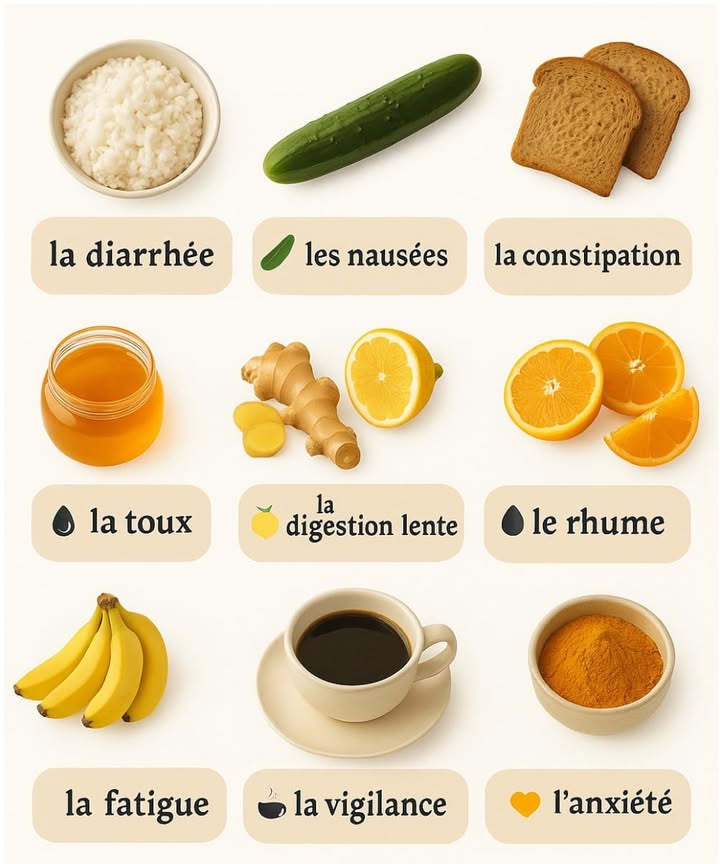 Ton corps te parle, écoute-le 
Parfois, le meilleur remède ne vient pas dune boîte, mais de ton assiette. Chaque symptôme a son aliment apaisant et naturel 
喙 Symptômes  cause  solution naturelle
1 濫 Nausée
Cause : estomac irrité ou indigestion.
Remède : gingembre et citron chaud apaisent lestomac et réduisent les nausées. 
2  Rhume
Cause : faible immunité ou manque de vitamine C.
Remède : orange, mandarine ou citron renforcent les défenses naturelles. 
3 蠟 Toux et gorge irritée
Cause : inflammation légère ou refroidissement.
Remède : une cuillère de miel pur à jeun  infusion de gingembre et citron. 
4  Ballonnements et gaz
Cause : repas gras ou pris trop vite.
Remède : concombre ou menthe calment le côlon et soulagent linconfort. 
5  Diarrhée
Cause : trouble intestinal ou nourriture contaminée.
Remède : riz bouilli et banane aident à stabiliser le système digestif. 
6  Constipation
Cause : manque de fibres et deau.
Remède : pain complet, son et yaourt facilitent le transit. 稜
7  Manque dénergie ou somnolence
Cause : manque de sommeil ou faible taux de caféine.
Remède : une tasse de café ou de thé vert stimule le cerveau et la concentration. 
8  Fatigue
Cause : carence en potassium ou en fer.
Remède : la banane apporte un regain dénergie naturel. 
9  Anxiété
Cause : déséquilibre hormonal ou manque de magnésium.
Remède : curcuma et boissons chaudes apaisent le système nerveux. 
易 En résumé :
La nourriture nest pas seulement un carburant, cest aussi un remède naturel. Écoute ton corps et soigne-le simplement. 
#santenaturelle  #bienetre