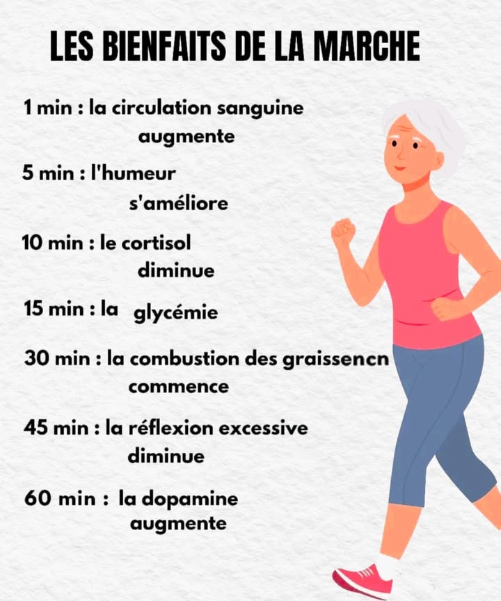 La marche quotidienne apporte des effets progressifs sur le corps et lesprit 

1 Après une minute
La circulation sanguine sactive et le corps commence à se mettre en mouvement.

2 Après cinq minutes
Lhumeur saméliore progressivement grâce à loxygénation et au rythme de la marche.

3 Après dix minutes
Le niveau de stress diminue et la respiration devient plus régulière.

4 Après quinze minutes
La régulation de la glycémie sappuie sur lactivité musculaire et le mouvement continu.

5 Après trente minutes
Le corps commence à puiser davantage dans ses réserves énergétiques.

6 Après quarante-cinq minutes
Lesprit se détend et la charge mentale sallège.

7 Après une heure
Une sensation de bien-être global sinstalle grâce aux hormones associées au plaisir et à la détente.

 Marcher chaque jour, même à un rythme doux, soutient la santé physique, léquilibre émotionnel et la clarté mentale.
#fblifestyle