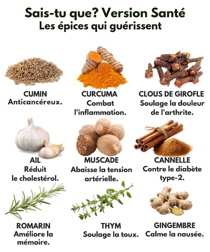 Les épices qui guérissent naturellement 
Les épices ne servent pas quà parfumer nos plats, elles soutiennent aussi notre santé au quotidien 
1 Cumin  Aide à prévenir certains cancers 
2 Curcuma  Réduit les inflammations 
3 Clou de girofle  Apaise les douleurs articulaires 
4 Ail  Fait baisser le cholestérol 龍
5 Muscade  Régule la tension artérielle 
6 Cannelle  Aide à équilibrer le sucre dans le sang 
7 Romarin  Stimule la mémoire 
8 Thym  Calme la toux 
9 Gingembre  Soulage les nausées 
La nature prend soin de nous à chaque bouchée 
#bienetrenaturel #astucevie