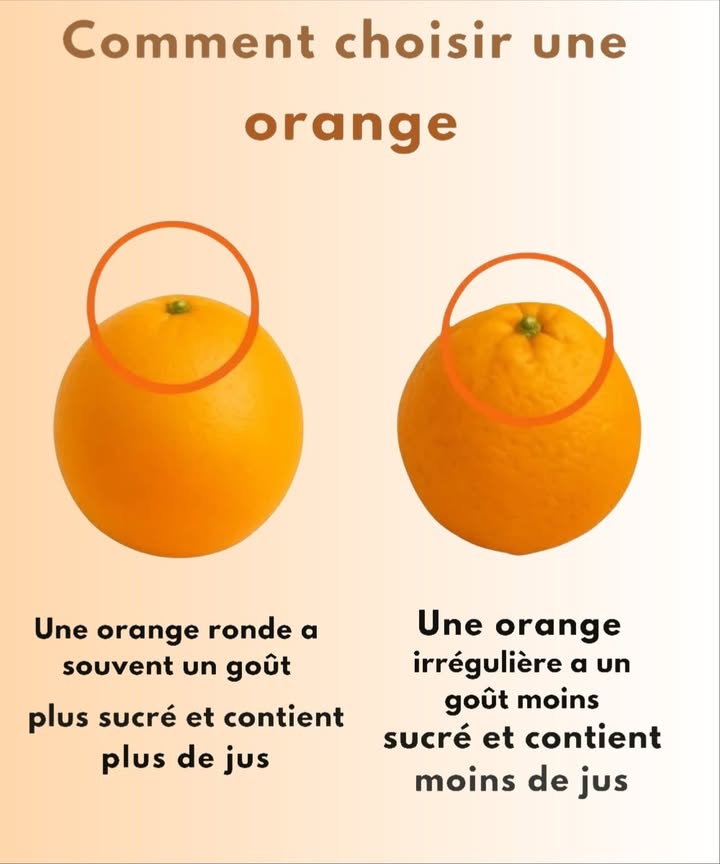 Privilégie les oranges bien rondes
Une forme harmonieuse traduit généralement une bonne croissance et une teneur élevée en jus. À linverse, des formes irrégulières peuvent cacher un goût moins prononcé ou une maturation incomplète.

 Opte pour les plus lourdes
Lorsque deux oranges affichent la même taille, choisis la plus lourde. Son poids révèle quelle contient davantage de jus, ce qui garantit une saveur plus douce et plus fraîche.

 Examine la peau
La surface doit être ferme, régulière et dune couleur vive. Cest le signe dun fruit bien mûr et parfumé. Méfie-toi des peaux ternes ou ridées, qui indiquent souvent une orange sèche ou trop âgée.

 Évite les fruits trop légers ou mous
Si lorange semble légère pour son volume ou un peu molle au toucher, elle manque probablement de jus et noffrira pas la même qualité gustative.