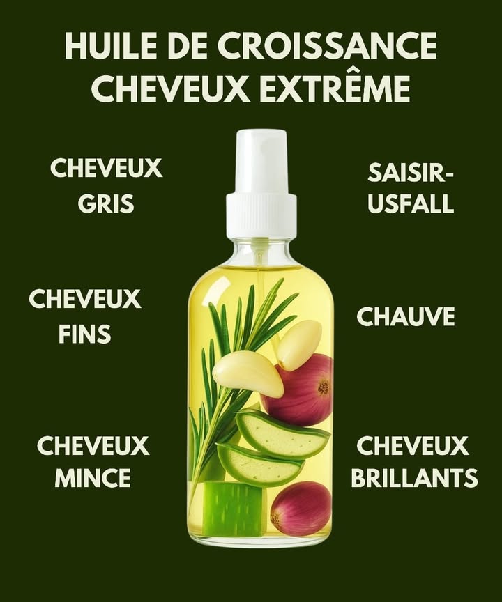 Huile magique pour une pousse rapide 
Une petite huile maison, simple et naturelle, qui réveille les racines et donne un vrai coup de boost aux cheveux. Tout ça avec des ingrédients de cuisine la nature fait toujours le job 
 Ingrédients Oignon 暈
Ail 龍
Romarin 
Aloe vera 
Huile de base coco, olive ou ricin 便
 Étapes 1 Mélange les ingrédients dans ton huile tiède, juste assez pour libérer leurs bienfaits.
2 Masse doucement ton cuir chevelu pendant 3 à 5 minutes pour activer la circulation.
3 Laisse poser 1 heure ou toute la nuit si tu veux un effet intensif.
4 Rince et lave avec un shampoing doux pour éviter les résidus.
 Petit rappel La régularité fait toute la différence. Pas besoin dabandonner après deux applications parce que la chevelure de sirène nest pas encore là 
 Résultat Des cheveux plus forts, brillants et une pousse naturellement stimulée.
#cheveuxsains 
#SoinNaturel