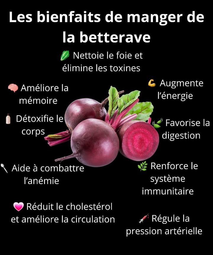 Betterave : un allié naturel pour la santé 
La betterave apporte une douceur sucrée et un grand pouvoir nutritif. En la mangeant régulièrement, le corps profite dun soutien naturel pour mieux fonctionner au quotidien.
Éléments essentiels
Betterave fraîche 
Vitamine C 
Fer naturel 喝
Fibres digestives 
Antioxydants 
1 Nettoie le foie et aide à éliminer les toxines
2 Améliore la circulation et apporte plus dénergie
3 Favorise une bonne digestion grâce aux fibres
4 Aide à lutter contre lanémie avec son fer naturel
5 Protège limmunité et renforce les défenses
6 Régule la pression artérielle
7 Réduit le cholestérol et prend soin du cœur
8 Soutient la mémoire grâce à ses nutriments actifs
Un simple ajout dans les salades, les jus ou les plats peut offrir de grands bienfaits au corps.
#santenaturelle