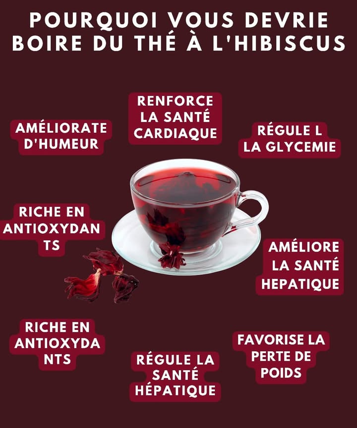 Les bienfaits du thé à lhibiscus au quotidien Une infusion vive, fraîche et délicate, idéale pour apporter un peu de douceur au corps et à lesprit. Quelques gorgées suffisent pour ressentir une vraie sensation de bien-être. 1 Favorise la santé cardiovasculaire Sa couleur rouge cache une action naturelle qui aide le cœur à fonctionner harmonieusement. 2 Contribue à équilibrer la glycémie Un soutien appréciable lorsque lalimentation devient un peu trop généreuse en sucre. 3 Riche en antioxydants protecteurs Il offre un appui essentiel contre les effets du stress oxydatif et aide à maintenir la vitalité. 4 Participe au bon fonctionnement du foie 變 Une aide douce pour se sentir plus léger après les repas et soutenir lorganisme. 5 Peut encourager la gestion du poids Sa fraîcheur naturelle accompagne facilement une routine saine et équilibrée. 6 Apporte une touche de bonne humeur Son goût acidulé et lumineux donne un petit élan agréable à la journée. Un thé simple, savoureux et bénéfique, parfait pour prendre soin de soi en douceur. #santéquotidienne #PlantesBienfaisantes