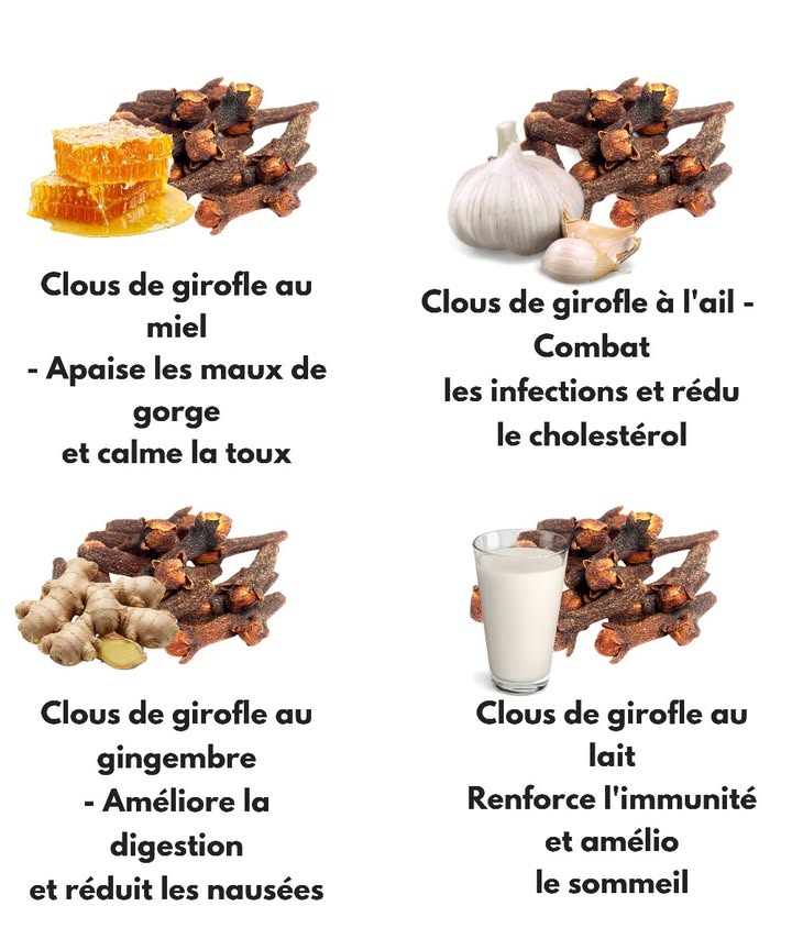 Le clou de girofle contient des huiles essentielles bénéfiques pour la digestion et la respiration. Il sintègre facilement dans les boissons chaudes.

 Clou de girofle  citron
À boire le matin. Faire tiédir de leau avec citron et 2 à 3 clous.

龍 Clou de girofle  ail
Soutient les défenses naturelles. Écraser ensemble puis consommer avec de leau tiède.

 Clou de girofle  thé vert
Ajoute une action antioxydante. Infuser 2 clous dans le thé.

Toujours en quantité légère, selon la tolérance de chacun.
