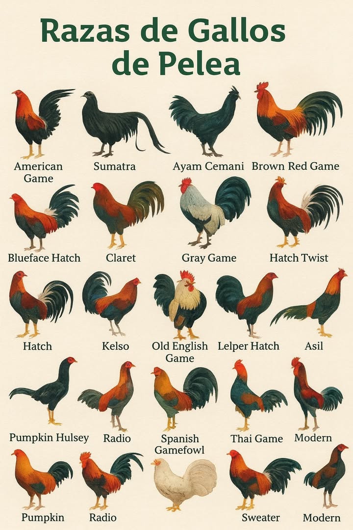 Razas de Gallos de Pelea: Guía Visual 

1 Los gallos de pelea son aves criadas por su fuerza, agilidad y carácter dominante, con razas desarrolladas en distintas regiones del mundo según su función y origen.

2 Entre las más destacadas se encuentran el American Game, reconocido por su gran resistencia, y el Sumatra, con un plumaje negro brillante y aspecto majestuoso.

3 El Ayam Cemani, originario de Indonesia, es una raza completamente negra, considerada una de las más exóticas por su coloración única y su simbolismo cultural.

4 Otras razas como el Kelso y el Hatch se valoran por su velocidad y capacidad estratégica, cualidades perfeccionadas por generaciones de criadores.

5 Razas históricas como el Old English Game o el Spanish Gamefowl reflejan la tradición de la cría antigua, mientras que variedades modernas como el Sweater o el Modern Game muestran la evolución genética contemporánea.

6 Aunque las peleas están prohibidas en muchos países, estas razas siguen siendo apreciadas por su belleza, elegancia y relevancia en la historia de la avicultura.