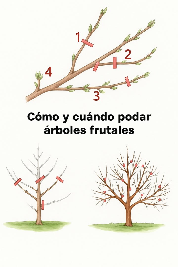 Cómo y Cuándo Podar los Árboles Frutales: Una Guía Simple para Mantener tus Frutos Sanos, Fuertes y Productivos 
1  Elige el momento adecuado
Poda en invierno o justo después de la cosecha, cuando la planta está en reposo.

2  Usa herramientas limpias y afiladas
Asegúrate de que tus herramientas estén desinfectadas para evitar infecciones.

3  Reduce ramas viejas o dañadas
Quita las ramas secas, rotas o enfermas para fortalecer el árbol.

4  Da forma y mejora la circulación
Corta las ramas que crecen hacia adentro o cruzadas para que el aire y la luz lleguen mejor.

5  Mantén el equilibrio
No quite más del 30% de las ramas para no estresar el árbol.

6  Cuida de tus árboles y disfruta de frutos sanos y abundantes.

Poda con amor y verás cómo tus árboles te recompensan con cosechas increíbles!