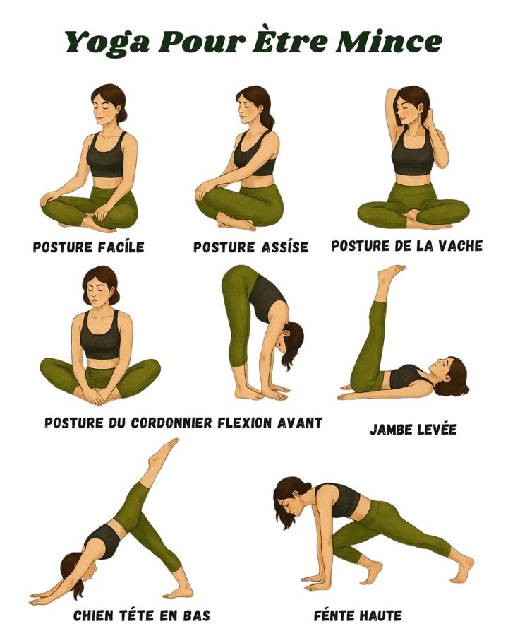 律 Yoga simple pour affiner la silhouette 律

1 Commencez par la posture facile : jambes croisées, respiration profonde. Ça paraît simple jusquà ce que vos pieds sendorment .

2 Essayez la posture assise : parfait pour étirer doucement et réveiller le dos.

3 La posture de la vache : bras en lair, épaules qui tirent on dirait rien, mais ça brûle vite !

4 Avec la posture du cordonnier, on ouvre les hanches. Petit défi : ne pas comparer son écart de genoux avec celui dun pro du yoga à côté 來.

5 La flexion avant détend et étire. Petit secret : pliez légèrement les genoux si ça tire trop fort.

6 La jambe levée au sol : ça travaille abdos et équilibre. Attention à ne pas basculer comme une planche 露.

7 Le chien tête en bas, grand classique. Au début, on ressemble plus à un V tout tordu quà un triangle parfait mais ça vient !

8 Et pour finir, la fente haute : énergie, puissance, et une sensation de guerrier moderne même si vous tremblez un peu.

Un petit enchaînement régulier et hop, tonicité assurée sans même voir le temps passer .