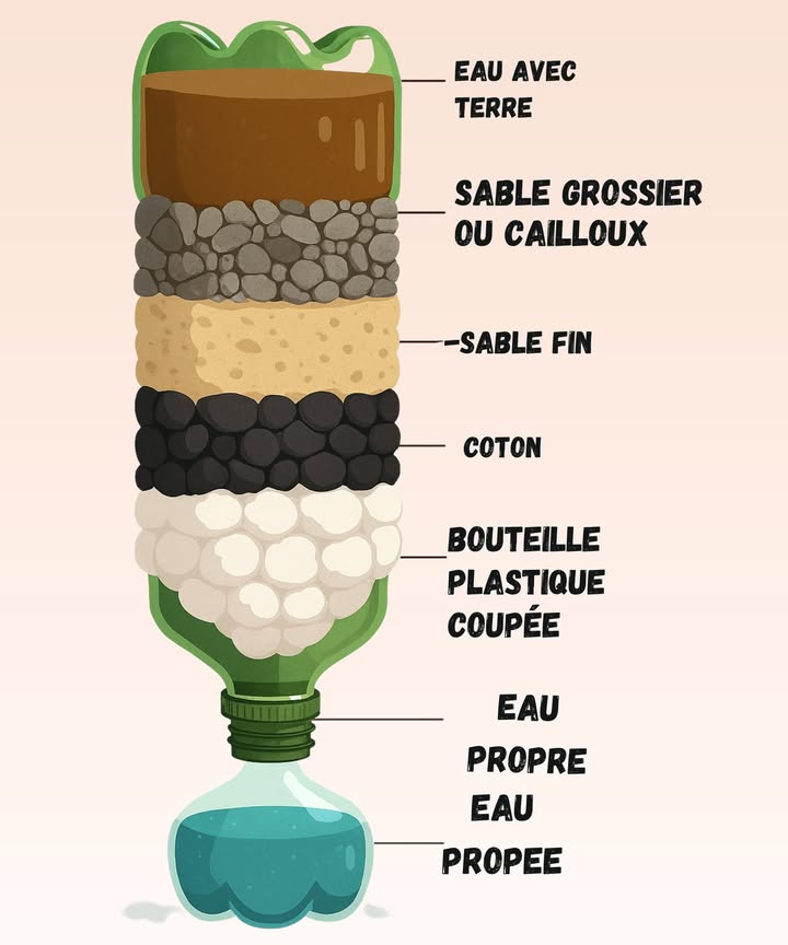 Filtrer lEau Avec une Simple Bouteille 

1 Couper la bouteille
Sépare la bouteille en deux. La partie du haut servira de filtre, la partie du bas recueillera leau propre.

2 Ajouter le coton
Place une couche de coton au fond de la partie supérieure. Ça retient les impuretés les plus fines.

3 Mettre du sable fin
Ajoute une couche de sable fin. Il filtre les petites particules adieu boue flottante .

4 Ajouter des cailloux ou du sable grossier
Cette couche bloque les morceaux plus gros. Cest un peu la barrière de sécurité du filtre.

5 Verser leau sale
Lentement. Leau traverse toutes les couches, se nettoie et ressort bien plus claire dans la partie du bas.

Petit aveu : La première fois, jai versé trop vite jai créé une mini inondation express sur la table. Maintenant je verse doucement