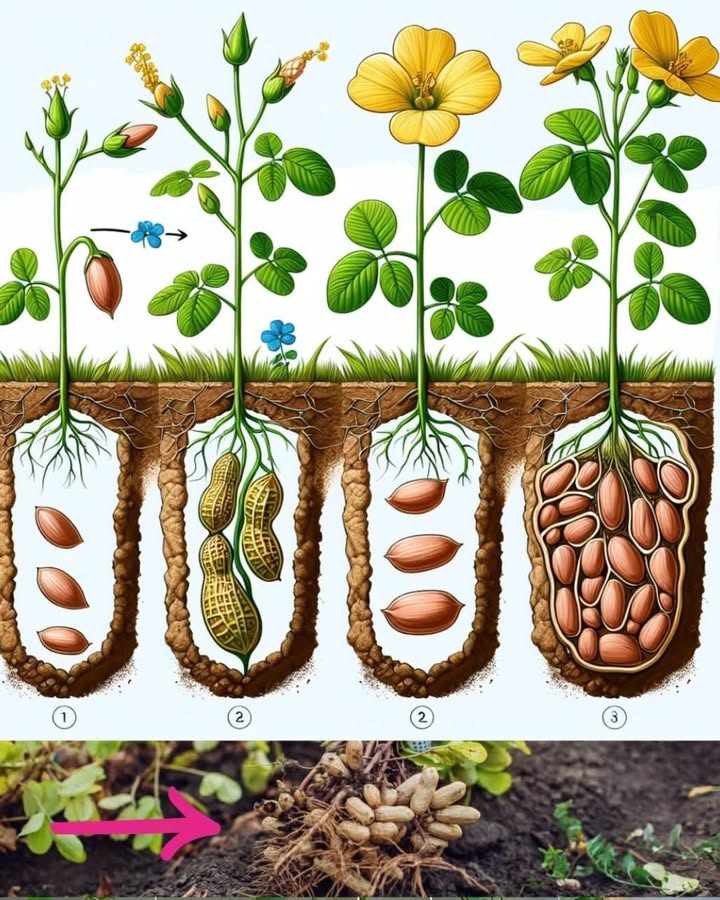 樂 Le Cacahuétier : la plante étonnante qui cache ses fruits sous terre 

Eh oui ! Contrairement à la plupart des plantes, la cacahuète ou arachide ne pousse pas sur les branches, mais dans le sol. Un vrai petit trésor caché de la nature !

1 La floraison 
Tout commence par de jolies fleurs jaunes. Après la pollinisation, la tige florale sincline vers le sol comme si elle voulait sy cacher .

2 Lenfouissement 
La base de la fleur sallonge et senfonce dans la terre. Cest là que les gousses commencent à se former  un processus unique !

3 La maturation 樂
Sous terre, les arachides grossissent lentement, protégées dans leurs coques. Après environ 4 à 5 mois, les gousses sont prêtes à être récoltées.

4 La récolte 
Il suffit darracher la plante entière et de secouer la terre : un bouquet de cacahuètes apparaît, encore accrochées aux racines !

Une plante fascinante, à la fois légumineuse et oléagineuse  et un vrai plaisir à cultiver pour les curieux du potager 華